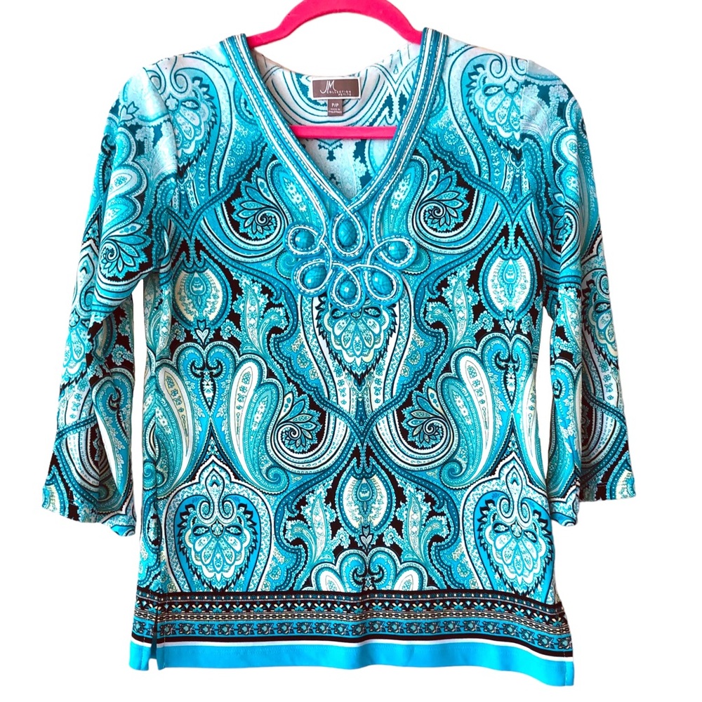 JM Collection Turquoise/Black Paisley Embellished Blouse (Petite-Sm)